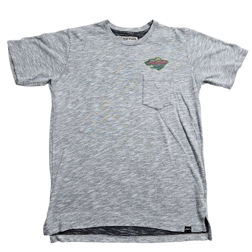 Techstyles Minnesota Wild Hockey T-Shirt Small Grey Space Dye Pocket Tee